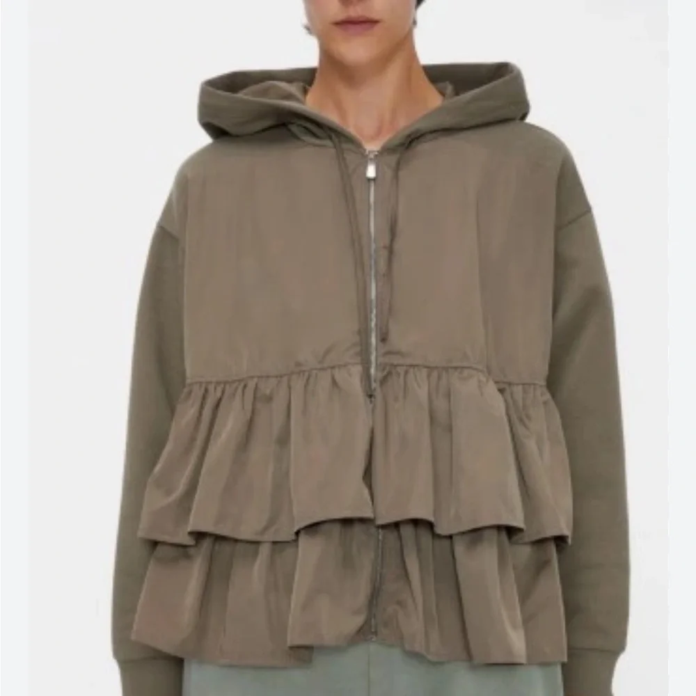 ZARA MIXED MEDIA FRONT ZIPPED OVERSIZED KHAKI HOODED JACKET WITH RUFFLES SZ M